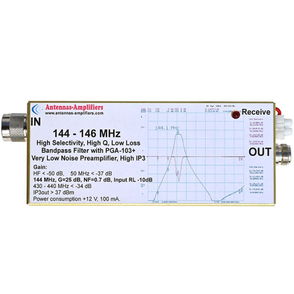 Préamplificateur 2m +25dB très faible perte avec filtre passe-bande 144-146MHz